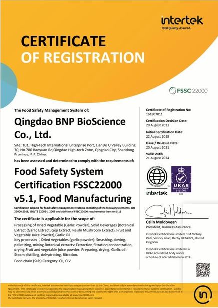 China Qingdao BNP BioScience Co., Ltd. Certificações